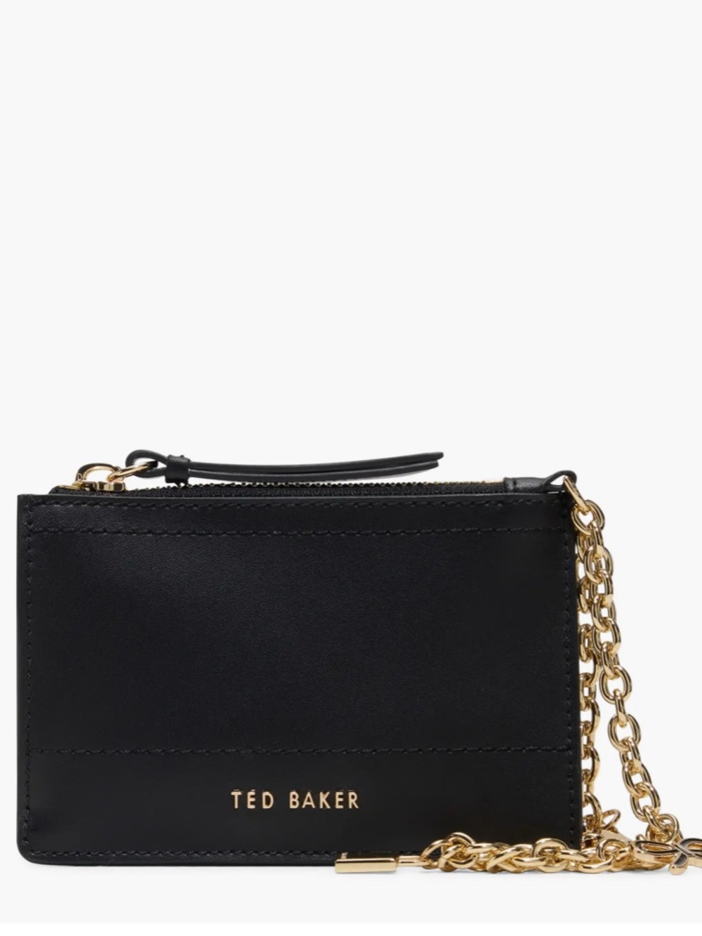 Ted Baker London Black Sutton Charm Leather Card Case Wallet with Gold Chain